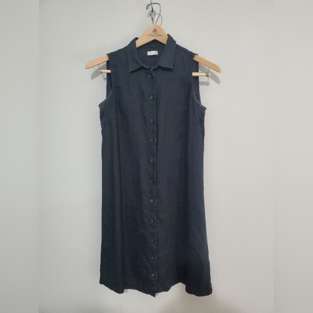 Garnet Hill Black Sleeveless Linen Shirtdress